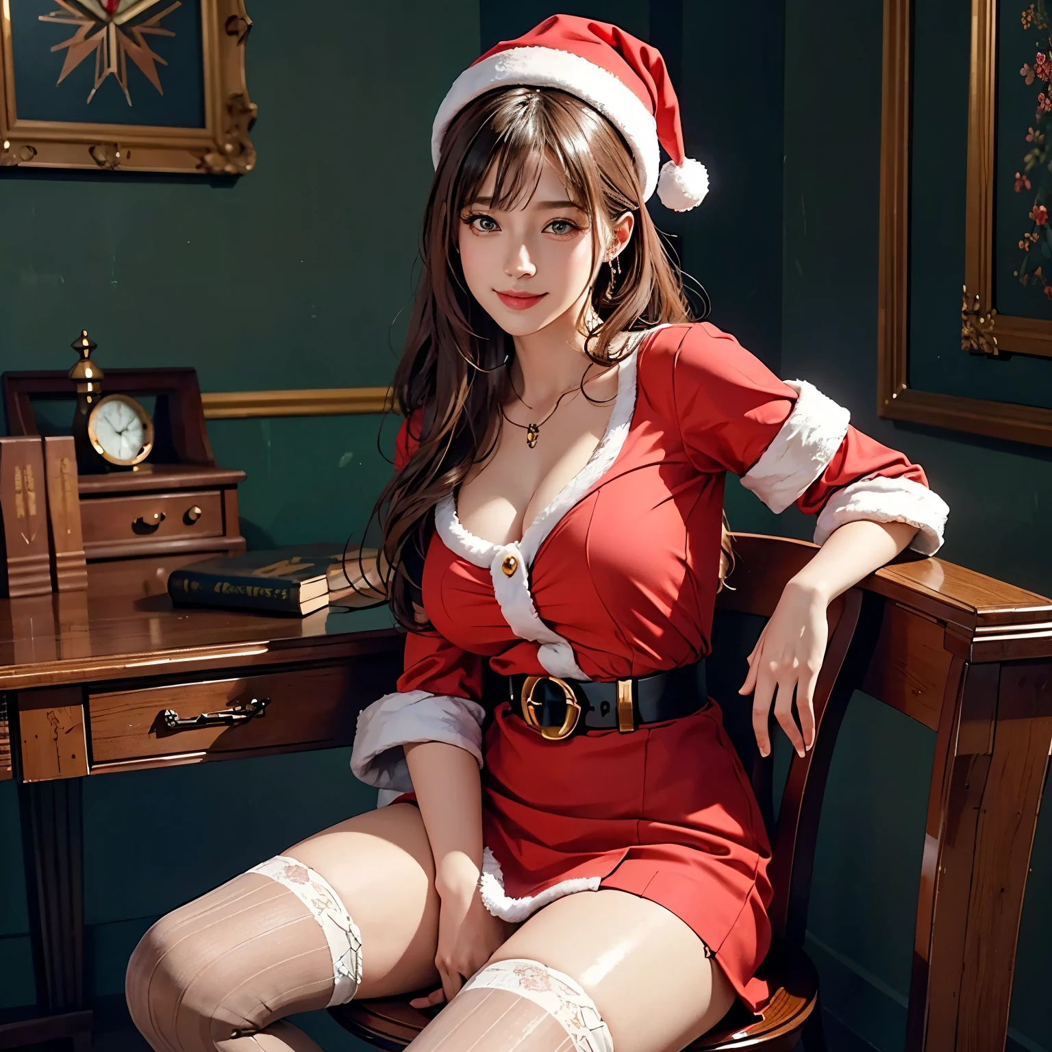 ((masterpiece)), ( best quality), ( Details), (かわいいIllustration:1.5), ( one girl) ,( very beautiful woman with a very cute smile ),( Very Beautiful Symmetrical Face ),( Striped Lace Stockings ),( Add Strong Highlights to the Eyes ), ( hyperreal), (Illustration), ( Hi-Res), (32K), (非常に Detailsな), (best Illustration), ( Beautifully Detailed Eyes ), ( Official Art), {{masterpiece,  best quality,  extremely detailed CG ,  unity 8k Wallpaper  ,  Movie Lighting}}, ( beautiful and aesthetic :1.2), ( perfect female body ), ( Soft Body Lines),  a woman in a red dress and Santa hat is crouching on a chair,  Concept Art：  fantasy art, extremely detailed  art gel , trending on cgstation, ig model |  art gel ,  beautiful charming anime woman,  art gel  on artstation 