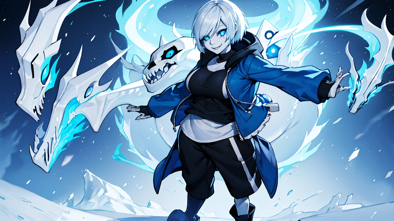 Sans Blue Jacket Black Shirt Fire Eyes Skull Smile Long Lashes White Short Hair Luminous Face Blue Dragon Skull Cannon One Person Standing In Snow Town Femininefull Super huge big breasts breast enlargement full-body shot