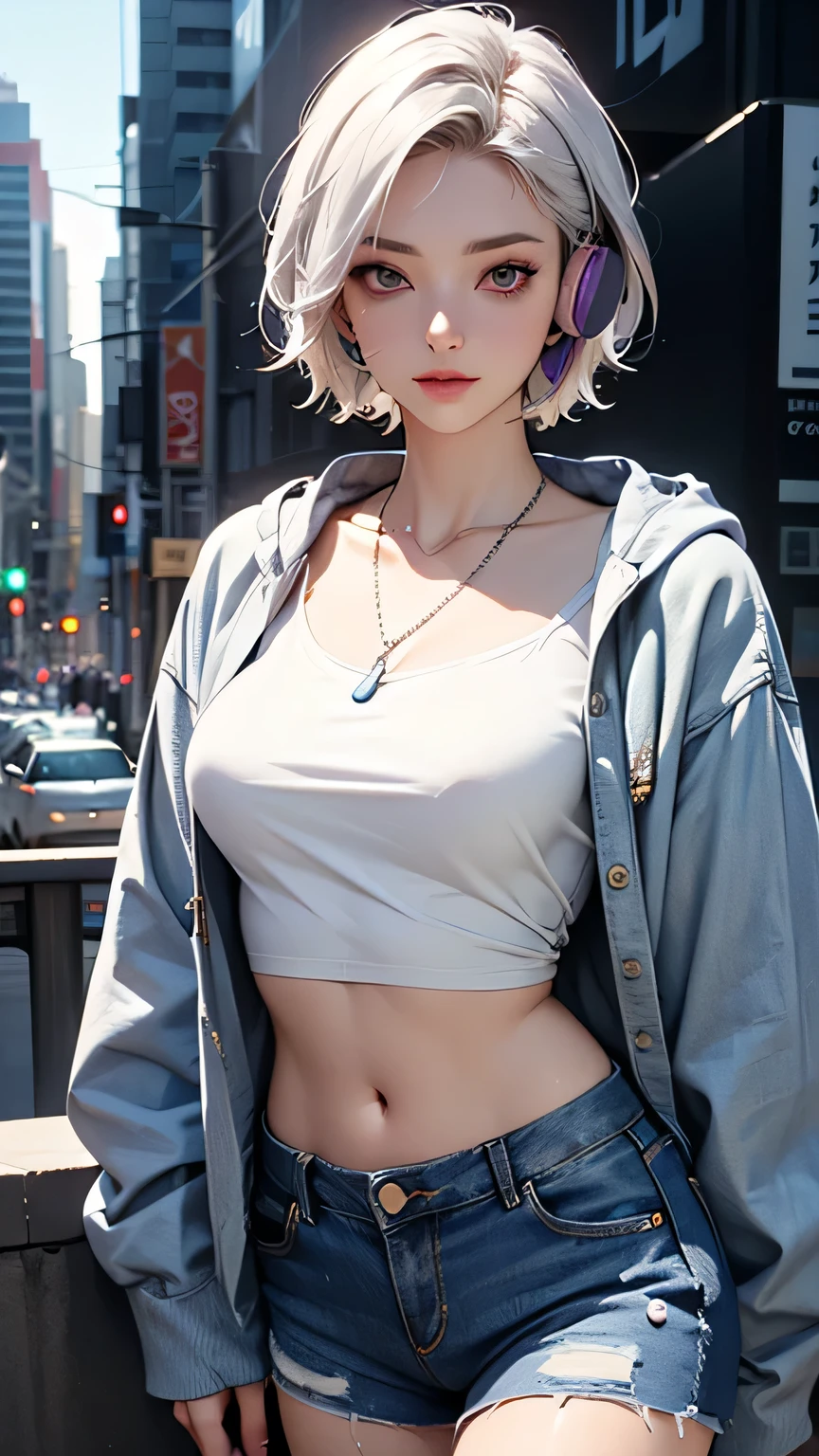 photorealistic, high resolution, soft light,1women, solo, hips up, (detailed face), jewelry, outfit-skyline, white hair, (tight yoga pants, dark grey yoga pants:1.4), (short navy blue jacket, denim jacket:1.4)