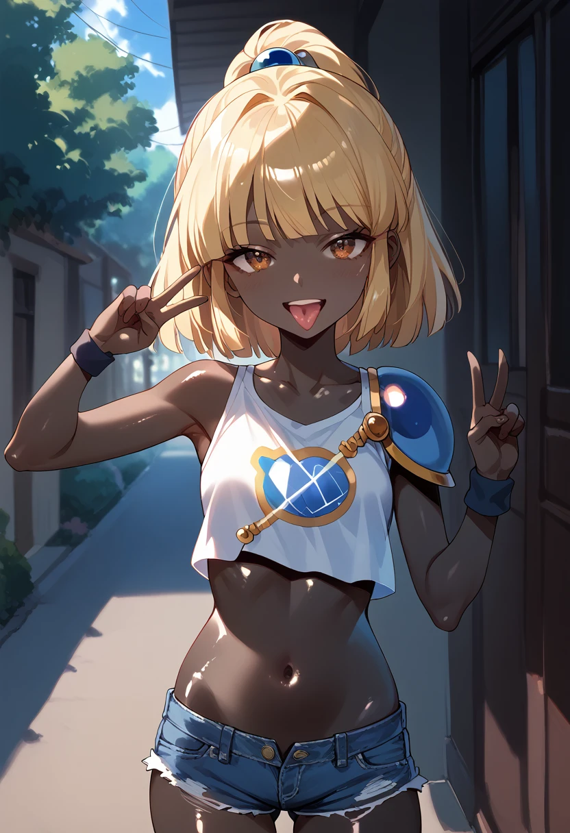 masterpiece, Hi-Res, best quality,8k
(arle nadja,Blonde,Petite,Small breasts)(((pitch black skin,Shiny skin )))smile, opening your mouth and sticking out your tongue , peace sign,Narrowed eyes,( black crop top , denim shorts,Belly button)