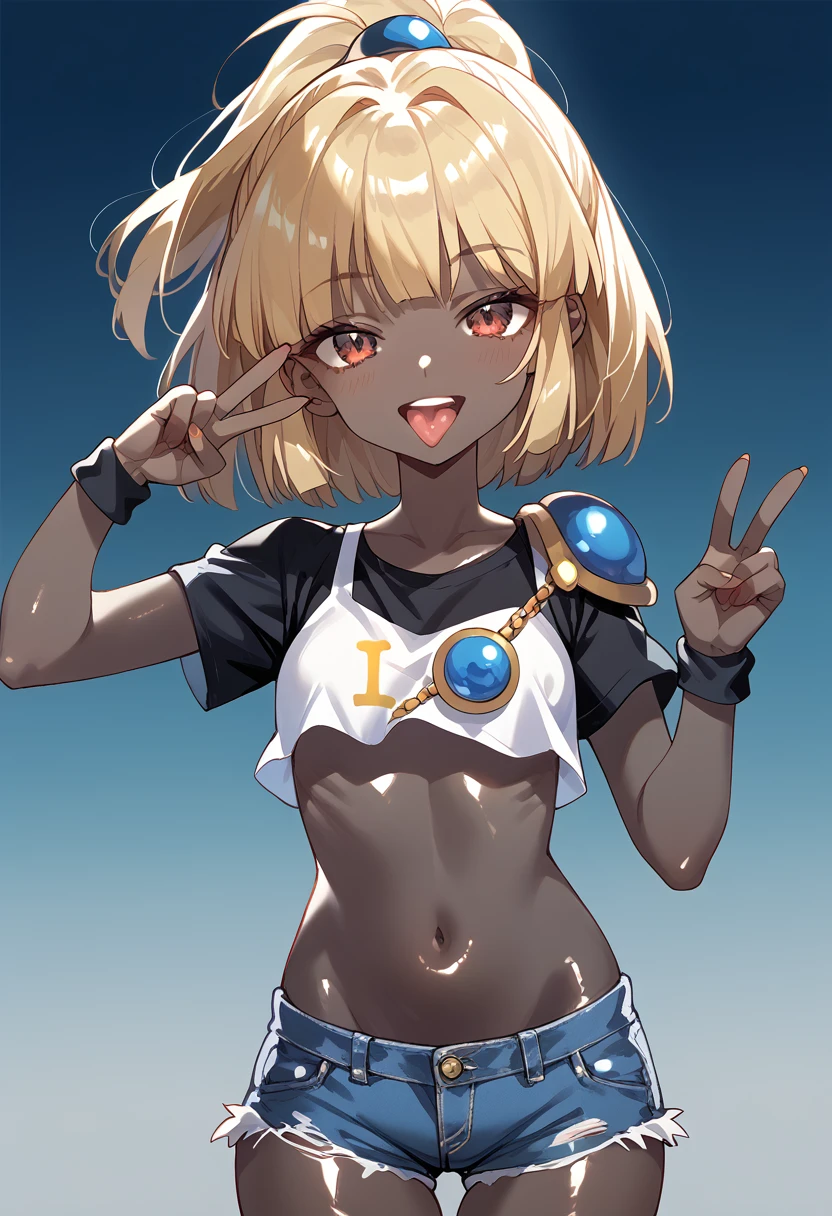 masterpiece, Hi-Res, best quality,8k
(arle nadja,Blonde,Petite,Small breasts)(((pitch black skin,Shiny skin )))smile, opening your mouth and sticking out your tongue , peace sign,Narrowed eyes,( black crop top , denim shorts,Belly button)