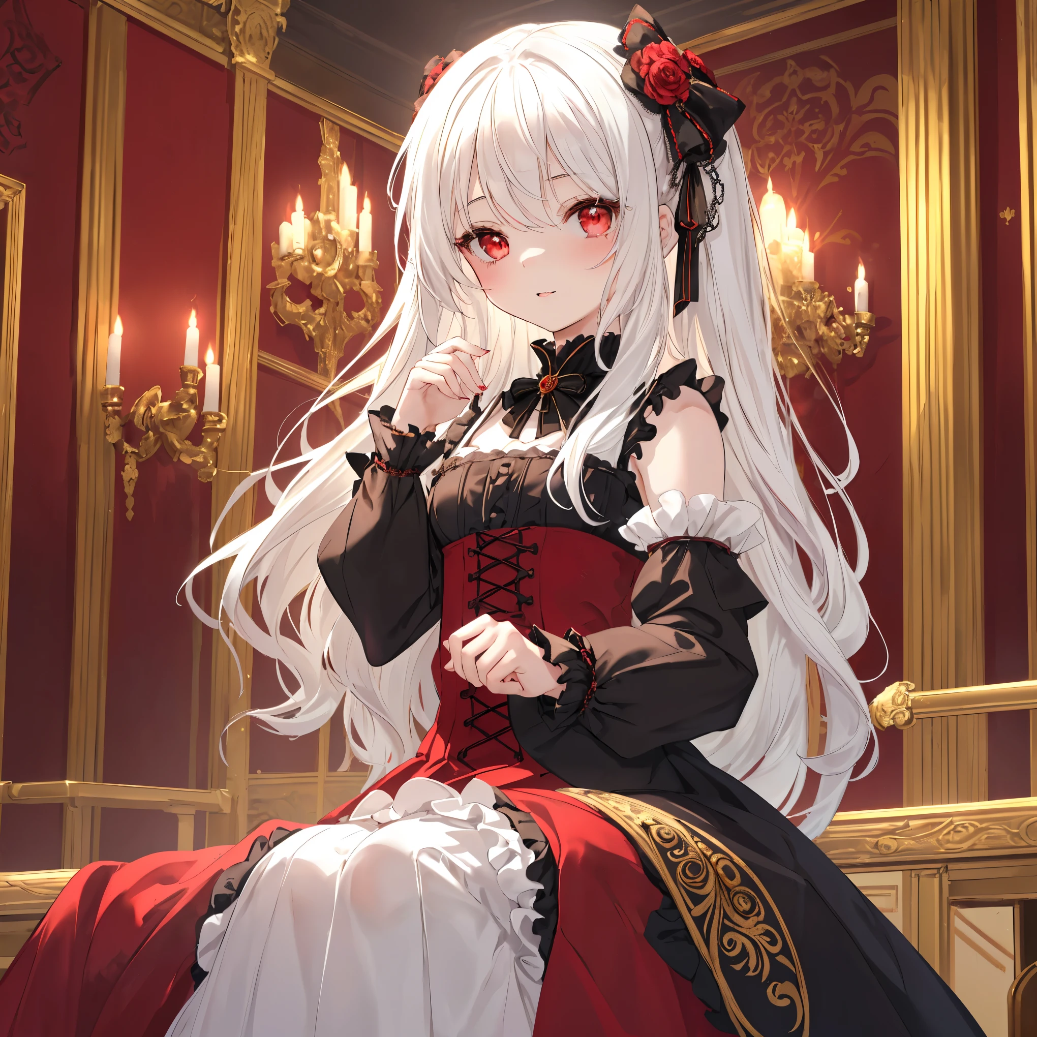    High image quality  , masterpiece,   Delicate hair    ,   Delicate Eyes Full of Determination ,   Delicate hair    , ((masterpiece, 最   High image quality  )),    High image quality  , masterpiece,   Delicate hair    ,   Delicate Eyes Full of Determination ,(Photo Original)，  1 girl is playing pranks ， ((    of a -yeld giwith white hair and red eyes    ,     sits gracefully in an ornate room decorated in red and gold   , gothic lolita dress, Small and delicate, champion&#39;The attitude ,   intelligent gaze and gentle smile    , Intricate braided hairstyle  ,   antique cross necklace   ,   expandable rune baton nearby    )),     chess board and side table mystery novel   ,     bookshelf and whiteboard with intricate pictures in the background  ,     sits gracefully in an ornate room decorated in red and gold   ,   digital art style  , Anime Influences ,    Details,   High Quality    ,Ash,((Ink wAsh painting)),((ink splAshing)),((color splAshing))