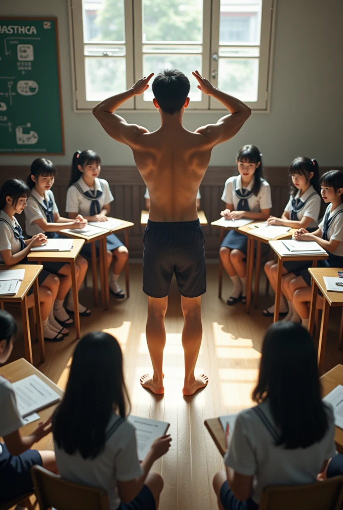 teenage Americans-Japanese guy 18 years old., standing sideways turn back to viewer, naked ass,,male,korean, standing in library