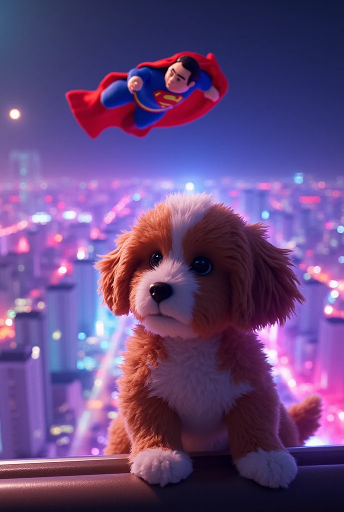  brown and white soft fur puppy  、 Handmade Superman、 night neon lights are flying over the city 、   jump on colorful neon lights 、Color development is determined 、Smiling at that scenery  、level、  photorealistic 