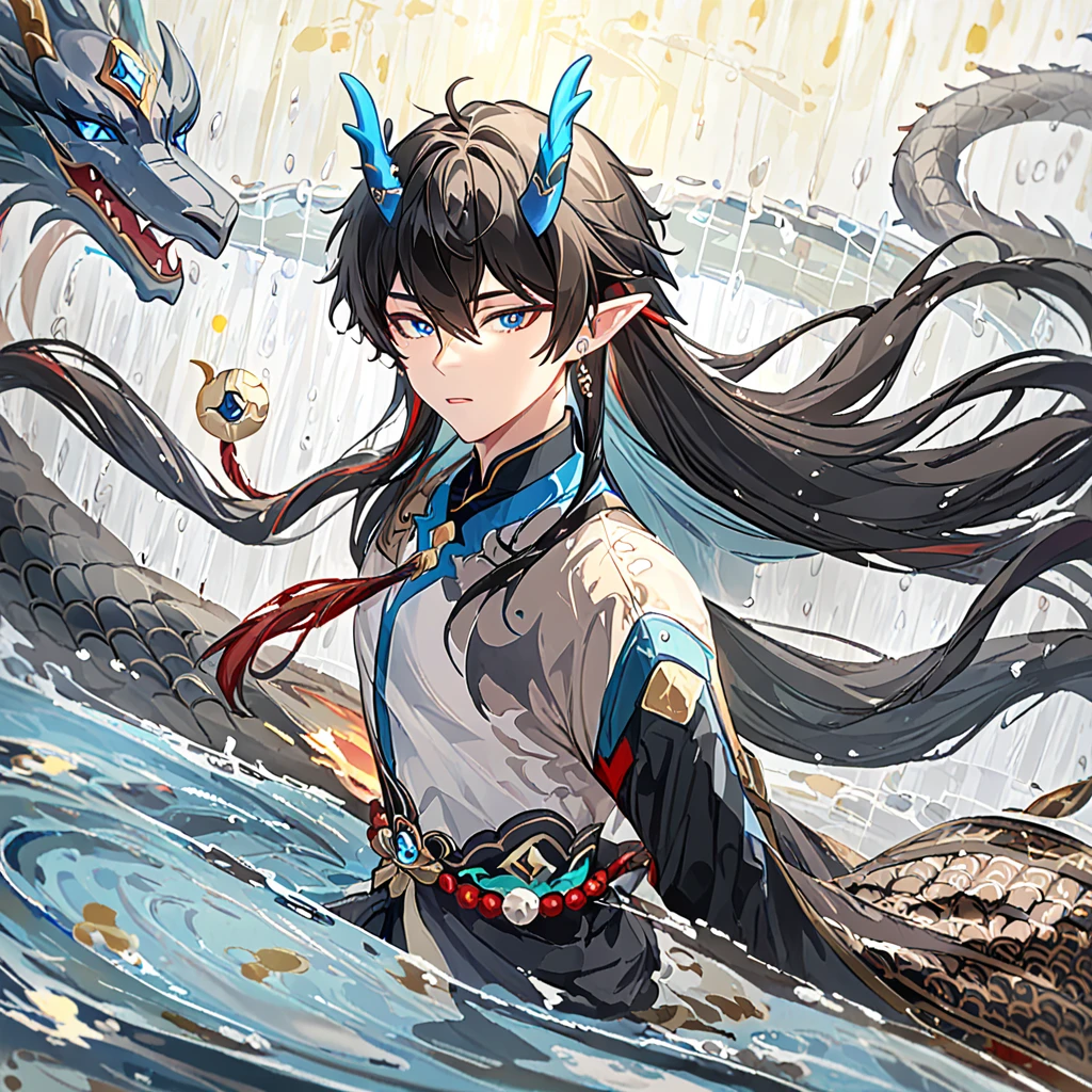 1boy,male_focus,horns,jewelry,pointy_ears,black_hair,long_hair,chinese_clothes,earrings,solo,looking_at_viewer,dragon,blue_eyes,dragon_horns,water,dragon_boy,tassel_earrings,