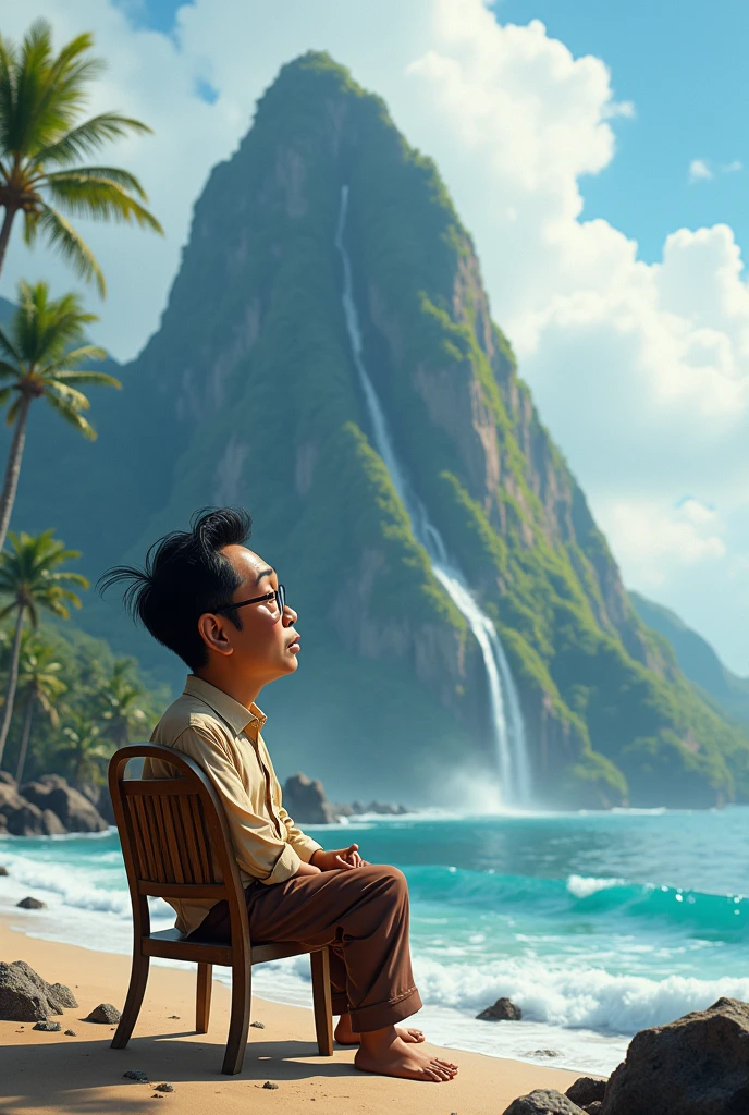 Create a stunning scene in super HD quality, depicting a 25-year-old Indonesia hansome man, wearing a black hoodie with an aesthetic image of a mountain. He sits on the terrace of a treehouse, enjoying a cup of coffee on a wooden table against a backdrop of stunning mountains, waterfalls, and flocks of fluttering birds and perching in the trees under the warm light of the bright morning sun.