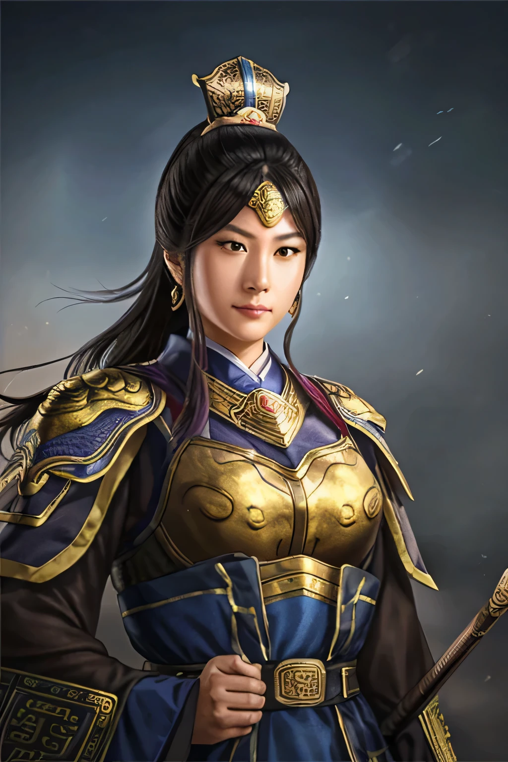 25 year old Chinese woman,middle aged woman,realistic,chinese_Armor,alone,Background of ancient chinese cities,detailed_eye,shoulder_Armor,(검은 eye),looking at viewer,(masterpiece:1.2), (best quality:1.2), perfect eye, perfect face, perfect lighting, (8K),(complete anatomy), Nee Shot