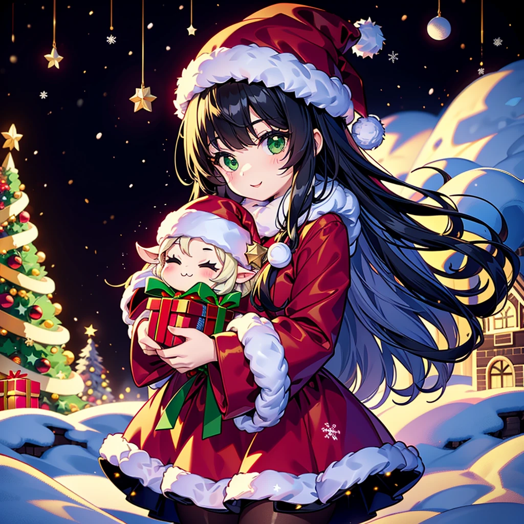  Christmas、 1 beautiful girl with pieces 、 black and white Santa Claus dress、black small silk hat 、Chibi、cute、universe、milky way、Meteor Shower、 Christmasイルミネーション、Red and green neon 、Sheepskin 、Transparent glowing
、christmas、large gift box、