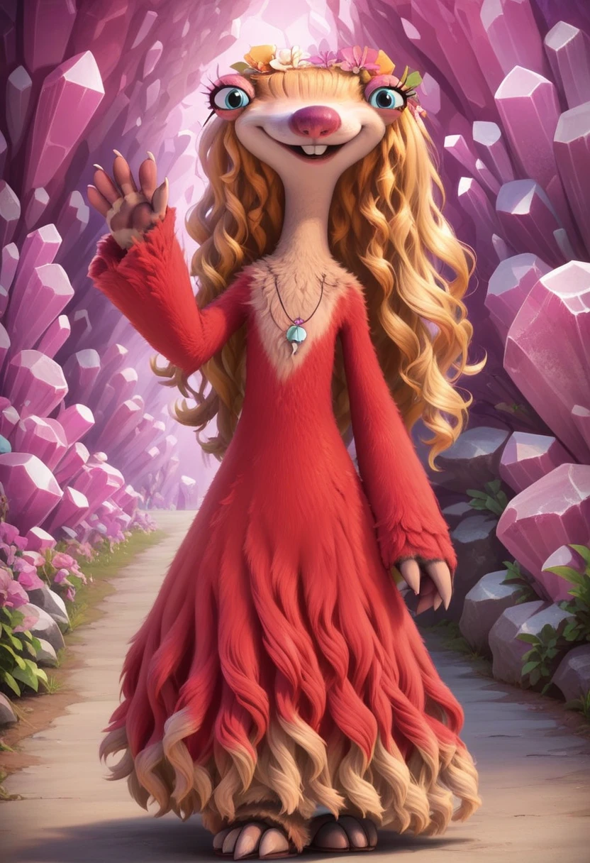 furry, anthro, female sloth, ground sloth, blue eyes, blonde hair, long wavy hair, red fur, red fur dress, blonde fur on upper body, two-toned fur, pink nose, buckteeth, hair ornament, white claws, long neck, no ear, score_9, score_8_up, score_7_up, BREAK, 1girl, solo, looking at viewer, cute, smiling, smug, walking, waving at viewer, female focus, looking at viewer, pink crystal background, detailed background, 4k, masterpiece, best quality, highly detailed, realistic, full shot, fluffy fur, body fur tuft, more fur, fluffy fur, detailed fur