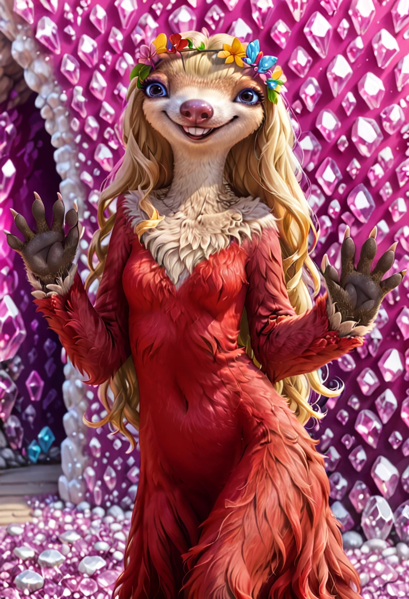 furry, anthro, female sloth, ground sloth, blue eyes, blonde hair, long wavy hair, red fur, red fur dress, blonde fur on upper body, two-toned fur, pink nose, buckteeth, hair ornament, white claws, long neck, no ear, score_9, score_8_up, score_7_up, BREAK, 1girl, solo, looking at viewer, cute, smiling, smug, walking, waving at viewer, female focus, looking at viewer, pink crystal background, detailed background, 4k, masterpiece, best quality, highly detailed, realistic, full shot, fluffy fur, body fur tuft, more fur, fluffy fur, detailed fur