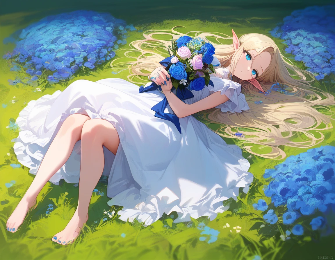 score_9, score_8_up, score_7_up, score_6_up,
nereirfpnxl, frieren, blue flower, rating:safe, blue bow, blue ribbon, on back, 1girl, flower, morning glory, pointy ears, blue nails, barefoot, bouquet, lying, solo, dress, long hair, flower field, field, holding flower, white dress, elf
