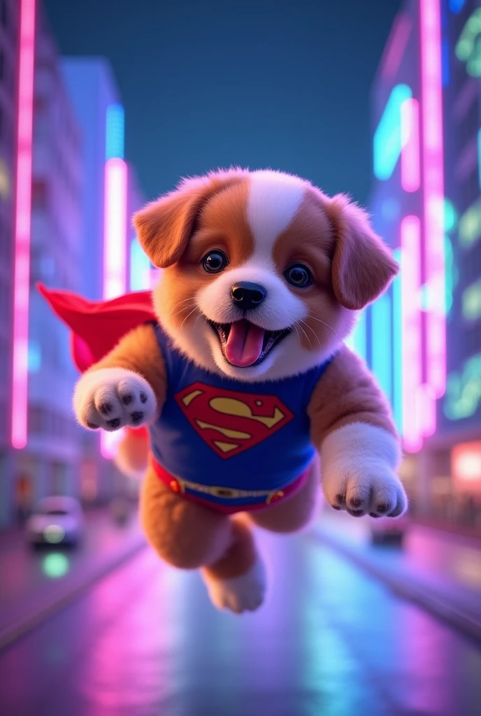  brown and white soft fur puppy  、 Become Superman、 night neon lights are flying over the city 、   jump on colorful neon lights wrapped in Superman、Color development is determined 、Smiling at that scenery  、level、  photorealistic 