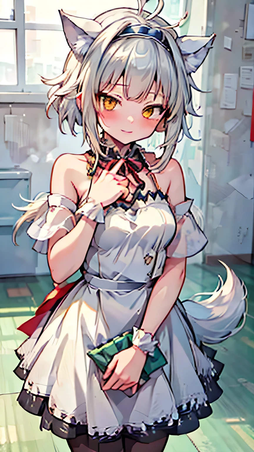 Pretty Girl Silver Haired Wolf Girl Beast Ears Wolf Tail Dress Royal Family Princess Tiara Castle Terrace Clear Skin