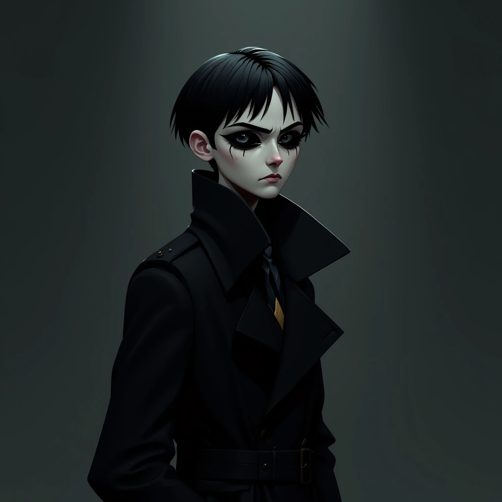 1boy, hazbin hotel oc,black short hair, Black trench coat, Black eyes, Black sclera, pale skin,black pupils,