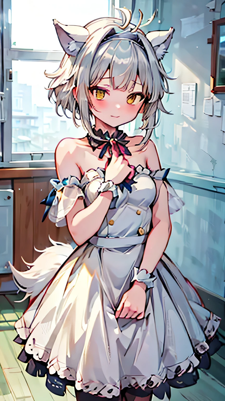 Pretty Girl Silver Haired Wolf Girl Beast Ears Wolf Tail Dress Royal Family Princess Tiara Castle Terrace Clear Skin