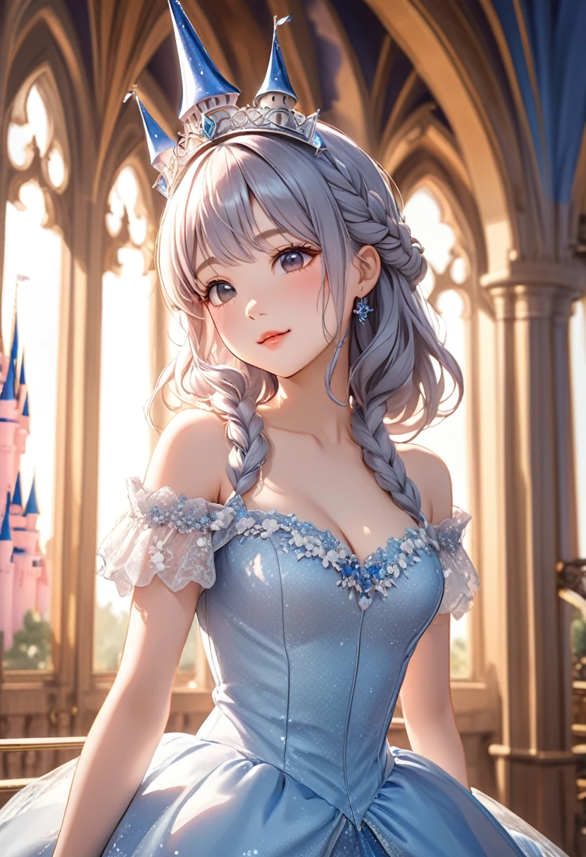 (masterpiece, top-quality,  Ultra High Resolution Output Images ,  depth of field), (8K quality,  depth of field,  anatomically accurate body structure ), ( ultra HD mode image ), ( Cinderella's Castle with blush :1.3), (Lace off-the-shoulder dress), ( with blush makes the subject look three-dimensional with contrast between light and shadow),  cute beautiful girl , Cute round face,  cute smile with blush, Red lips, ( Silver Hair,  floral braids ,  half up), (The bangs are left uncut), hairpin,  hair decoration , detailed clothing features, Detailed hair features,  detailed facial features, (  dynamic angle), ( dynamic and sexy pose ), Professional Lighting, Cinematic Light, Detailed anime-style CG , 