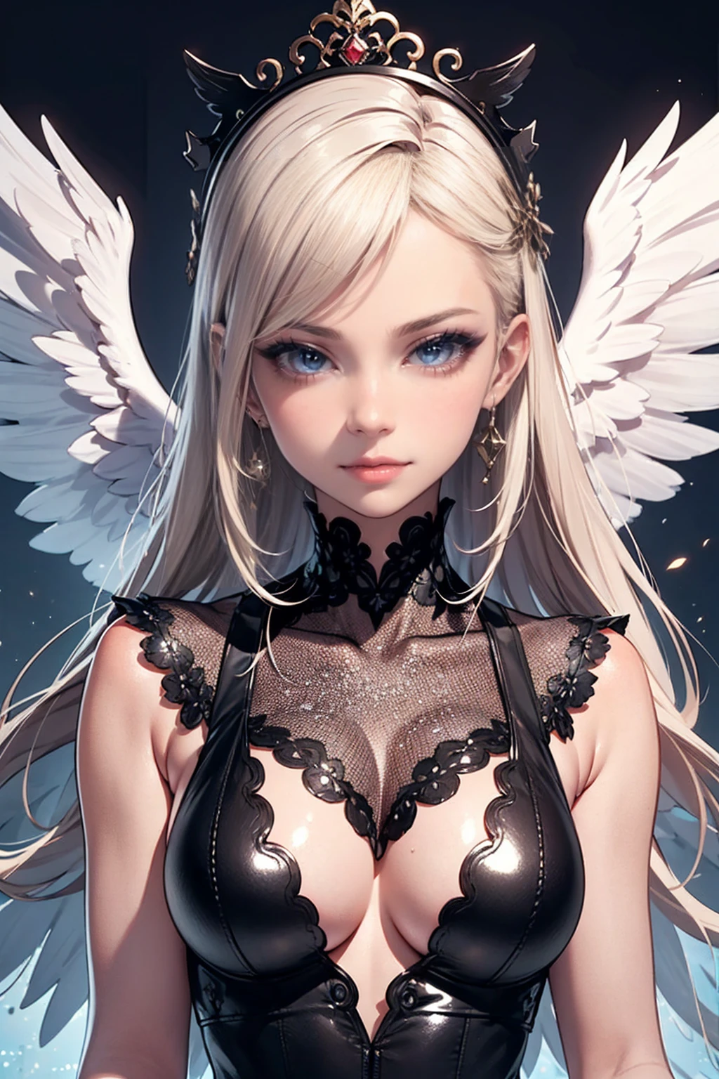 1girl,solo:1.5white_angel with white further wing, light halo,white tone color,black_angel with black further wing,dark halo,black tone color,solo, (((((split theme))))), symmetry:1.3, upper body,cleavage,off shoulder,hair flower, off-shoulder dress, puffy long sleeves, puffy sleeves, rose petals,mandala,chaos,Radial, streamlined,fractal art,art design,burst,Heterochromatic pupil