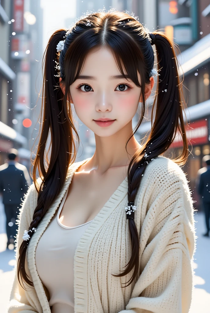  Realistic, 8k full body portrait, Beautiful woman,   attractive expression ,   clear the system,   ponytails, 20 years old, Tokyo, winter, With Shibuya in the background