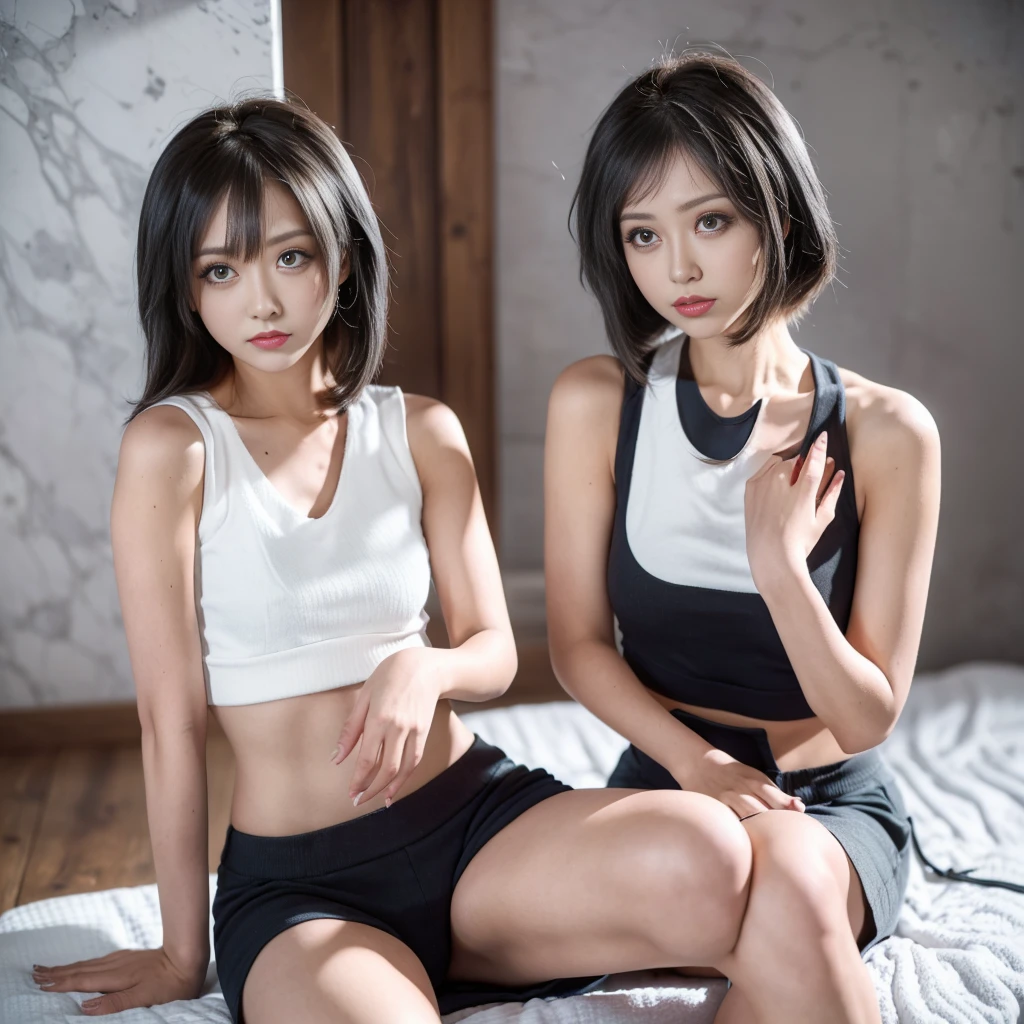 The large,((Two girls,duo,caressing the)), Big tits, Slim figure, femele, Blue sleeveless T-shirt, White chiffon skirt, Bedroom, By bangs, A junior high school student, Stulet has long hair, The large,realskin, sleeping habit,primitive,(Extremely detailed Cg Unity 8K wallpaper),Best quality,Nikon Z 85mm, award-winning glamorous photography,((Best quality)), ((Masterpiece)), ((Realistic)),Intricate details, Highly detailed, Sharp focus, professional, 4K, divine rays,Delicate, Innocent, high resolution, Detailed facial features, detail, Sharp focus, smooth, Aesthetic, Extremely detailed, Photorealistic, Realistic, Post-processing, Maximum detail, Roughness,