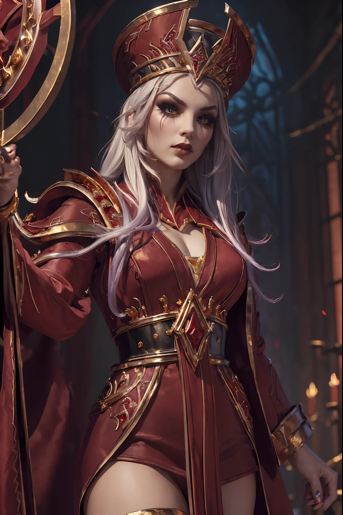 (masterpiece, high quality:1.8), (extremely detailed:1.5), (ambient lighting:1.4), Sally Whitemane, (1girl:1.2), mature female, (alluring:1.3), confident, determined expression, white hair, long flowing hair, (ornate jewelry:1.2), dramatic eyeshadow, (eyeshadow:1.8), iconic hat, intricate shoulder armor, (red robes with gold trim:1.6), gothic cathedral setting, dramatic light filtering through stained glass windows, (Scarlet Crusade theme:1.5), (provocative and captivating pose:1.4), aura of dominance and elegance