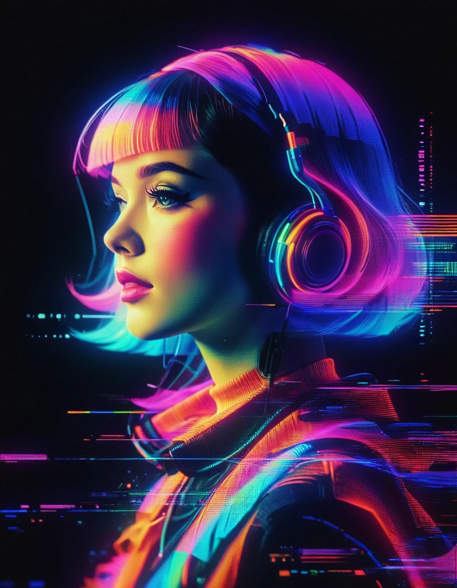 RGB Color Shift, chromatic aberration, RGB Shift, Video Glitch Photo Effect, Color Noise Texture, Video-like noise processing. Highly detailed, Romantic Retro Pop Background, vaporwave style. A retro girl with a beautiful face, neat straight bangs arranged horizontally, long hair, idol style. She is wearing an off-the-shoulder idol outfit.