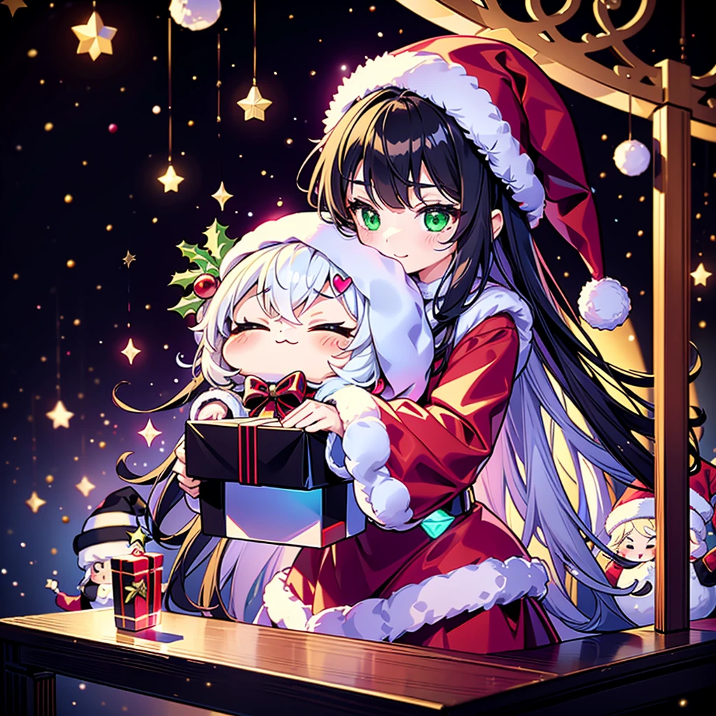  Christmas、 1 beautiful girl with pieces 、 black and white Santa Claus dress、black small silk hat 、Chibi、cute、universe、milky way、Meteor Shower、 Christmasイルミネーション、Red and green neon 、Sheepskin 、Transparent glowing
、christmas、large gift box、magenta heart neon light background:1.5