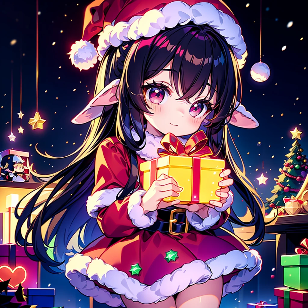  Christmas、 1 beautiful girl with pieces 、 black and white Santa Claus dress、black small silk hat 、Chibi、cute、universe、milky way、Meteor Shower、 Christmasイルミネーション、Red and green neon 、Sheepskin 、Transparent glowing
、christmas、large gift box、magenta heart neon light background:1.5