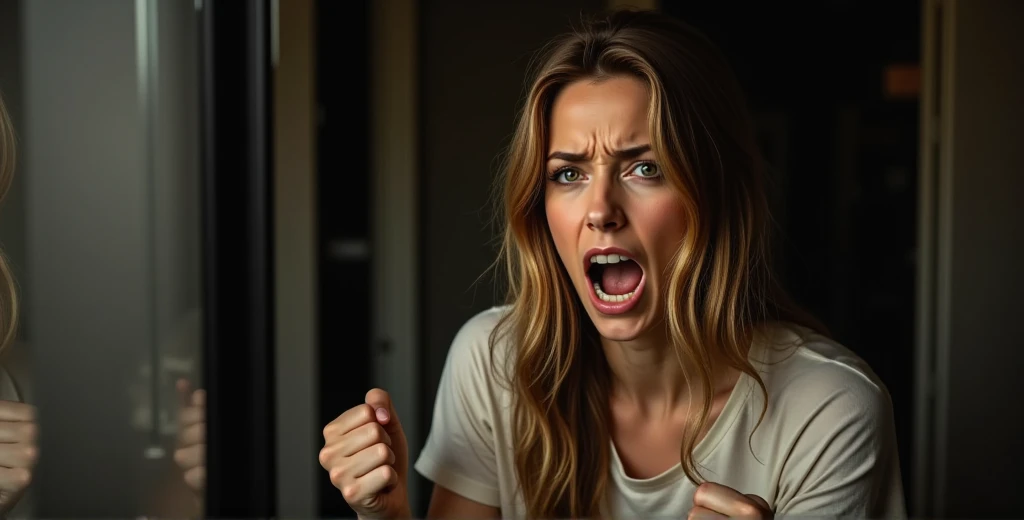 In a dimly lit bathroom, Gaia stands before a mirror, her face inches away from the glass, screaming at her own reflection. Her long brown hair with golden blonde highlights is wild and disheveled, falling around her tear-streaked face. Her hazel eyes are wide and filled with a torrent of emotions—pain, rage, and desperation—as tears flow freely down her cheeks.

Her expression is raw and contorted, a mixture of agony and fury, yet beneath the surface, there is a glimmer of resilience, a strength fighting to break through the despair. Dressed in a loose, crumpled t-shirt, Gaia’s hands are clenched into fists at her sides, her knuckles white as she channels her anguish into her cries.

The mirror in front of her is partially fogged up, but her reflection is clear enough to show every detail of her suffering. The harsh bathroom light casts deep shadows, accentuating the lines of distress on her face, as if the room itself is closing in on her. The atmosphere is thick with tension, capturing the explosive moment where Gaia confronts her deepest fears and heartbreak, screaming at the only person she feels she can blame—herself. Nexia
 ((anti))