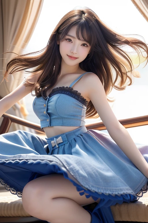  Realistic Photo Quality 、A Japanese model in a blue dress is posing for a photo, realistic  young gravure idol  ,  young cute gravure idol ,  young gravure idol  ,  young sensual gravure idol ,  young skinny gravure idol ,  looking at the camera、Detailed and beautiful eyes、 cute smile、Relaxed, soft, and gentle expression 