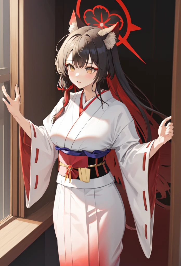 best quality, masterpiece, highres, solo, (wakamo_bluearchive:1.10), (white kimono:1.35), (red hakama:1.35), (wide sleeves:1.20), 23 