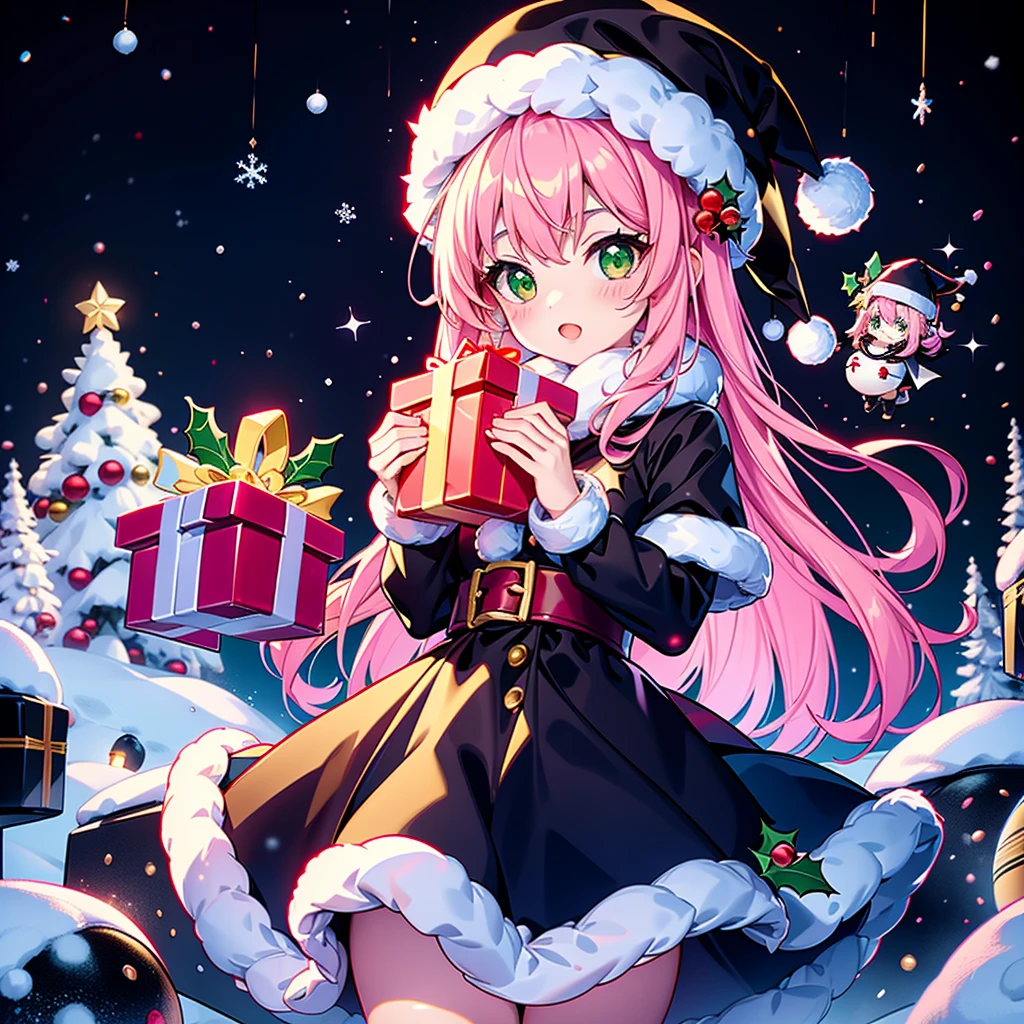  Christmas、 1 beautiful girl with pieces 、 black and white Santa Claus dress、black small silk hat 、Chibi、cute、universe、milky way、Meteor Shower、 Christmasイルミネーション、Red and green neon 、Sheepskin 、Transparent glowing
、christmas、large gift box、Pink Heart、