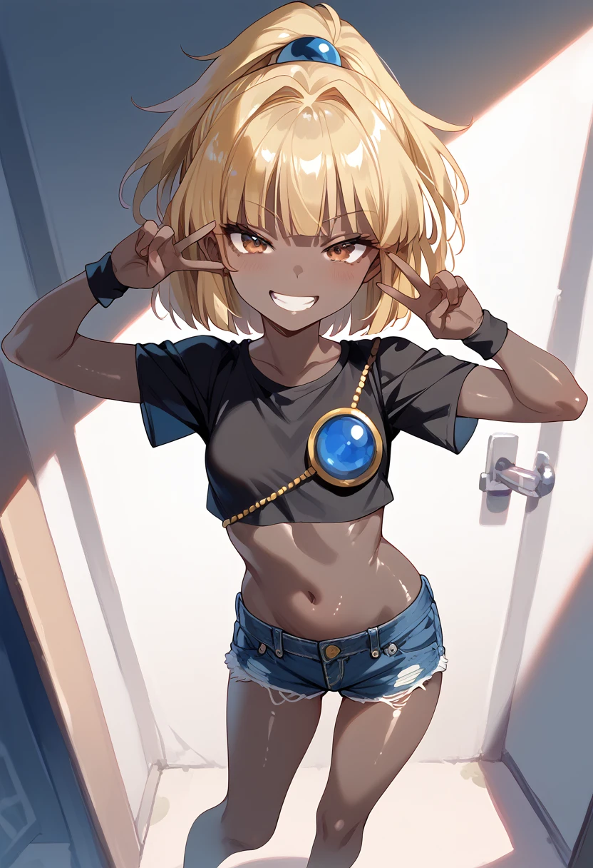 masterpiece, Hi-Res, best quality,8k
(arle nadja,Blonde,Petite,Small breasts)(((pitch black skin,Shiny skin ))) double peace sign, grin ,Narrowed eyes,( black crop top , denim shorts,Belly button)squat,Leg spread, from above