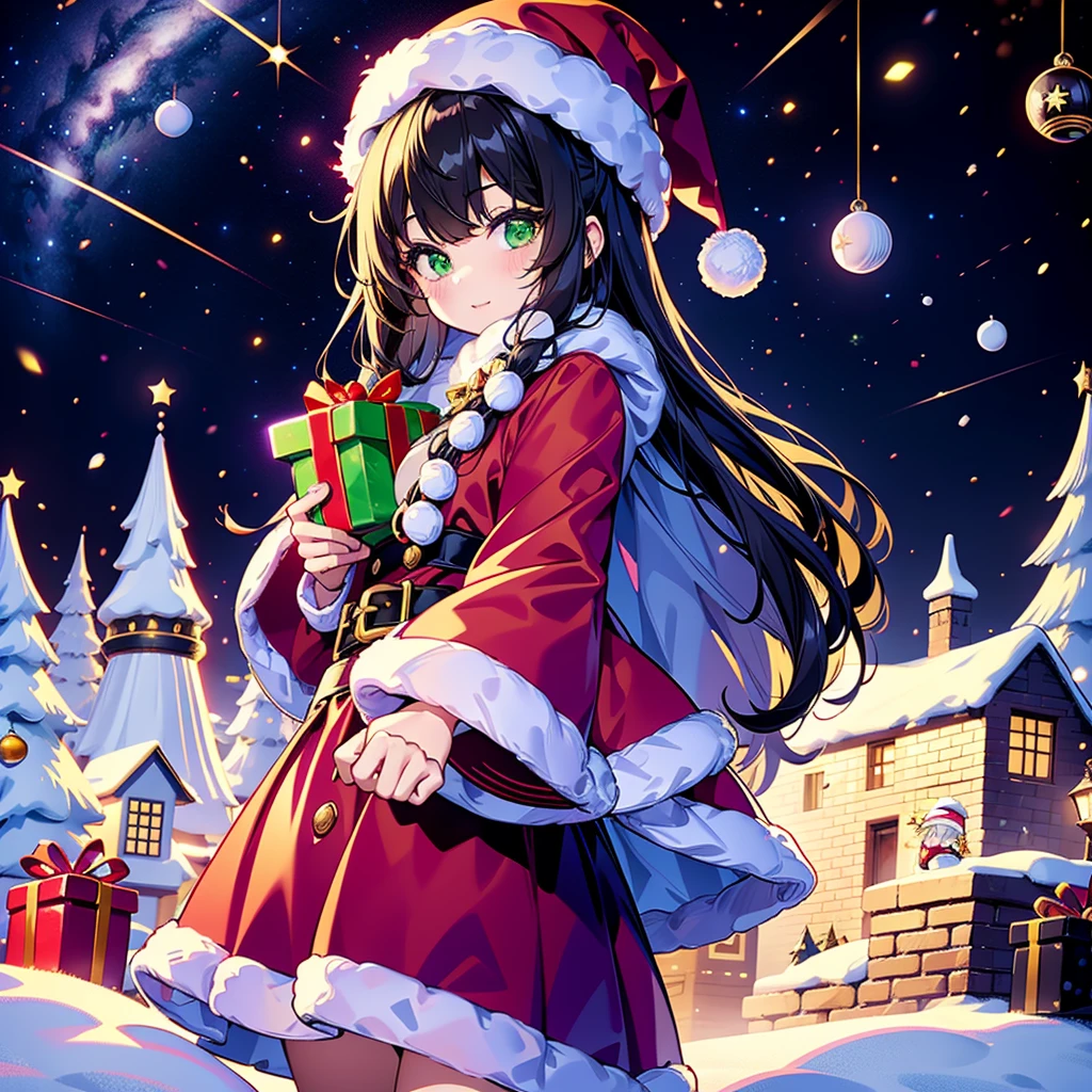  Christmas、 1 beautiful girl with pieces 、black and white Santa Claus dress、black small silk hat 、Chibi、cute、universe、milky way、Meteor Shower、 Christmasイルミネーション、Red and green neon 、Sheepskin 、Transparent glowing
、christmas、large gift box、 Christmasリース、💛、💗