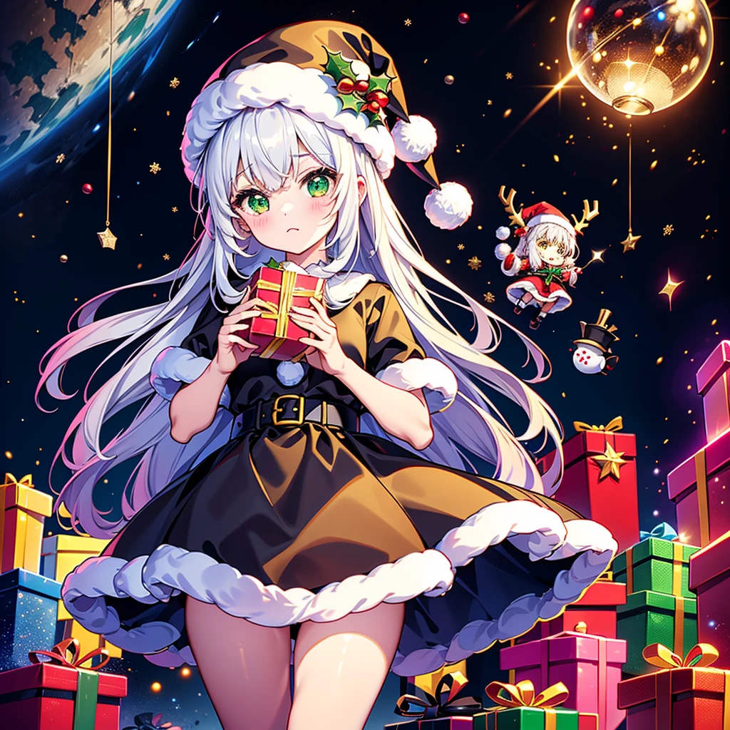  Christmas、 1 beautiful girl with pieces 、black and white Santa Claus dress、black small silk hat 、Chibi、cute、universe、milky way、Meteor Shower、 Christmasイルミネーション、Red and green neon 、Sheepskin 、Transparent glowing
、christmas、large gift box、 Christmasリース、💛、💗