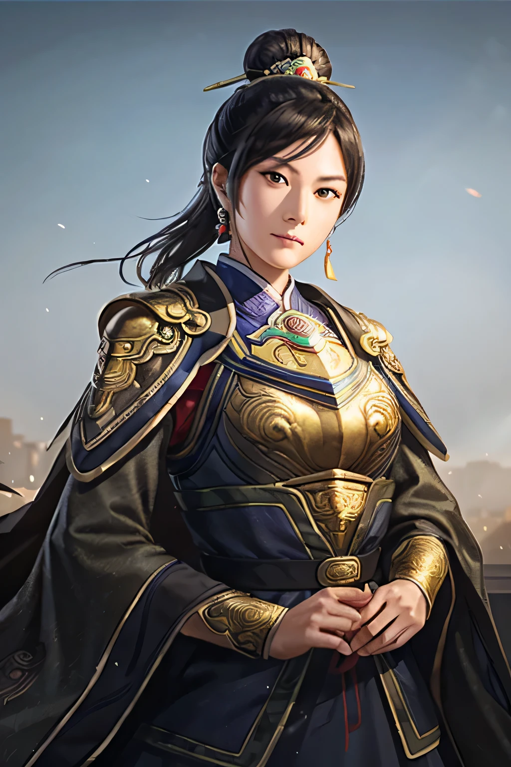 25 year old Chinese woman,middle aged woman,realistic,chinese_Armor,alone,Background of ancient chinese cities,detailed_eye,shoulder_Armor,(검은 eye),looking at viewer,(masterpiece:1.2), (best quality:1.2), perfect eye, perfect face, perfect lighting, (8K),(complete anatomy), Nee Shot