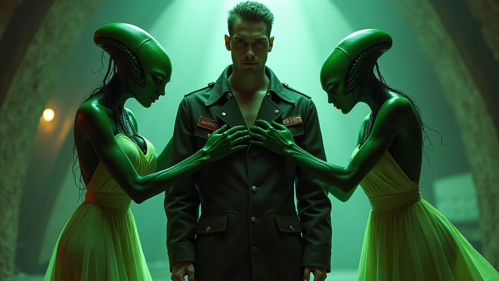 (((Incredibly sexy female Star ship crew member wearing a red revealing uniform))) stands with her (((fully dressed green scaly skinned male Alien captain))) on board ship