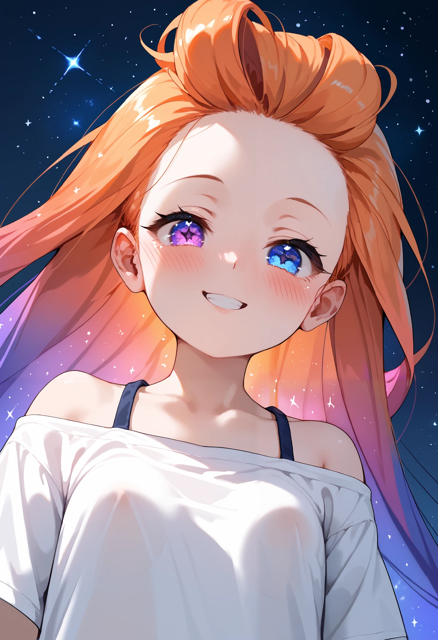 Masterpiece, best quality, Anime, 1girl, ZoeLoLXL, mature, purple eyes, (blue eye), heterochromia, orange hair, multicolored hair, gradient hair, purple hair, very long hair, forehead, small breasts, white shirt, oversized shirt, off-shoulder, bottomless, smile, blush, cute, portrait, close-up, looking at viewer, from below, starry background, simple background, score_9, score_8_up, score_7_up, unaestheticXL_bp5