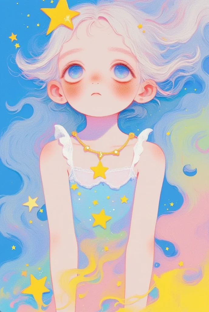 (masterpiece,  Best Quality :1.2),  colored pencil drawing, sketch,    dream illustration soft cute anime illustration, Lowe style, Fantasy art style, blurred and 梦幻插图。Splash the stars into the sea 