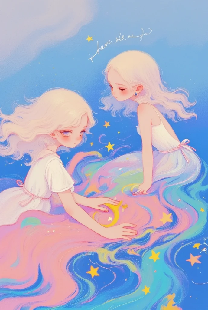 (masterpiece,  is the best quality:1.2),  colored pencil drawing, sketch,    dream illustration soft cute anime illustration, Lowe style, Fantasy art style,  blurred and dreamy illustration。Beautiful angels throw stars into the sea