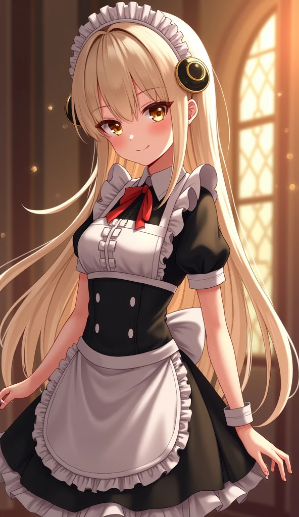 masterpiece, best quality, highly detailed, highres, hdr,, chobits, chii, feelingless,, 1girl, solo, bangs, bare shoulders, breasts, brown eyes, clamp (circle) (style), platinum blonde hair, very long hair, robot ears, small breasts, hair tubes,, maid, maid headdress, maid apron, victorian maid, maid dress,, mksks style, beautiful background, detailed background, professional lightning, mansion, indoor, gold ornament, gold, gold effects,