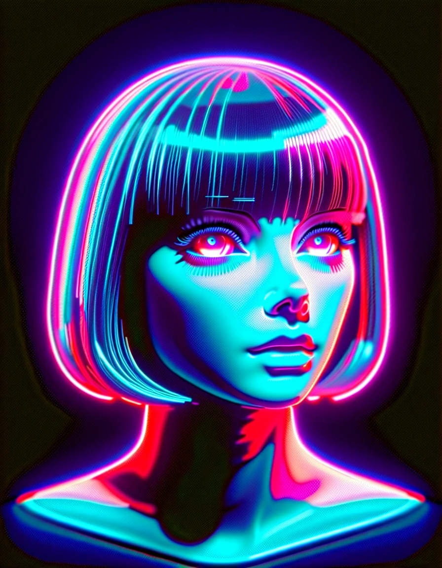 RGB Color Shift, chromatic aberration, RGB Shift, Video Glitch Photo Effect, Color Noise Texture, Video-like noise processing. Highly detailed, Romantic Retro Pop Background, vaporwave style. A retro girl with a beautiful face, neat straight bangs arranged horizontally, long hair, idol style. She is wearing an off-the-shoulder idol outfit.