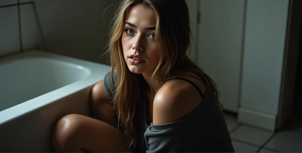 In the dim, quiet bathroom, Gaia sits slumped on the cold tile floor, her back resting against the side of the bathtub. Her long brown hair with golden blonde highlights is tousled, and her face is streaked with the remnants of tears. Dressed in an oversized, faded sweatshirt, she appears drained but strangely at peace, her body leaning heavily as if all her strength has been spent.

Her hazel eyes are fixed on a distant point, her gaze calm and unblinking, reflecting a sense of acceptance after the storm of emotions. The bathroom is softly lit, casting a gentle glow over her exhausted features, highlighting the wet trails of tears on her cheeks and the redness around her eyes. The space around her feels intimate yet desolate, with only the faint sound of dripping water breaking the silence.

The scene captures a moment of quiet aftermath, where Gaia finds a fragile sense of serenity in the wake of her emotional release. The mood is one of exhaustion mingled with relief, as if she’s finally found a brief, bittersweet respite from her inner turmoil. Nexia
 ((anti))