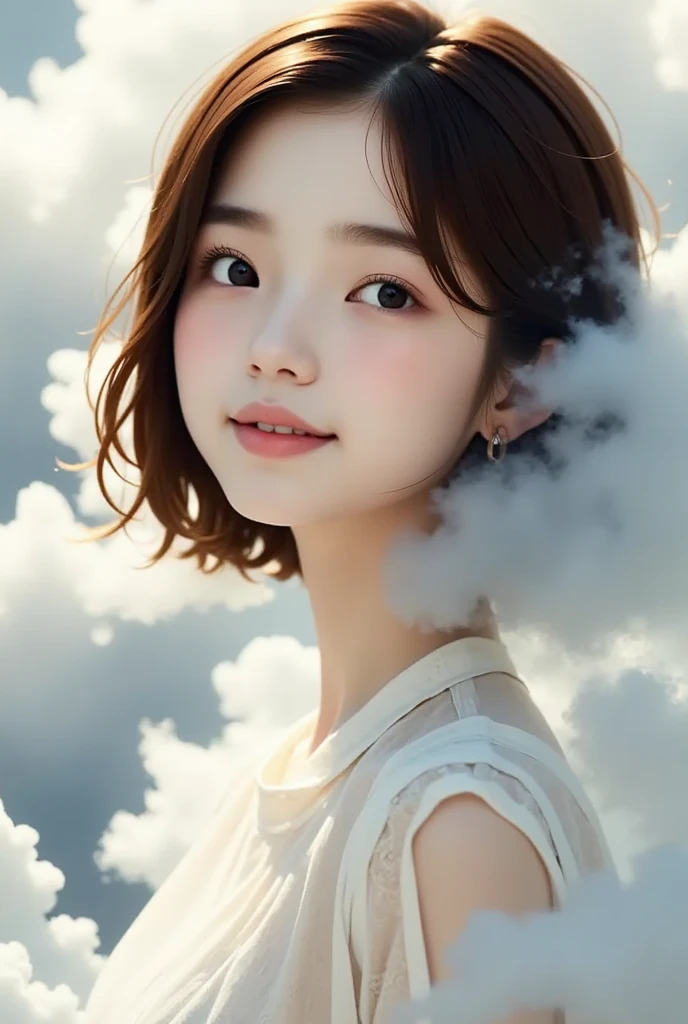  creates a fantastic image of a dreamy girl ,   gives a cloud-like appearance  . she、 natural and joyful expression ,  foggy aura ,  fragments of clouds blend into her hair and clothes . Her expression is thoughtful、It should be introspective ,  The overall atmosphere of the image evokes a sense of mystery and serenity.