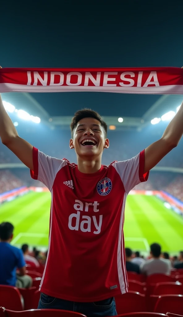 an Asian man with pixie hair wearing white jogger pants and a red shirt similar to a football jersey with a flag 🇮🇩 and a garuda bird on the front of the jersey, the man holds up a scarf that says 'INDONESIA" in the stadium stands with bright lights, the backdrop shows a football match between Indonesia 🇮🇩 national team and Vietnam 🇻🇳 national team, supporters of both teams were seen (🇮🇩 🇻🇳) waving their respective countries’ flags