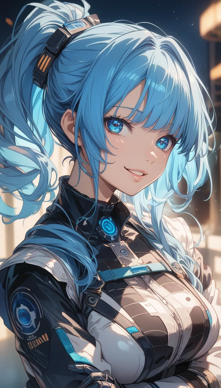 最high quality、Best image quality、masterpiece、and((cute、1、Best Bust、Medium Bust、Beautiful Blue Eyes、Spread your chest wide,Pastel colored hair、ponytail、Disheveled Hair、thin、Highest valley、Cyber Suit、smile、necklace、Show the whole body))high quality、Beautiful art、background((Virtual Space)),Tabletop、Exquisite design、Visual Arts、Written boundary depth、Best lighting、Highest detail、8k