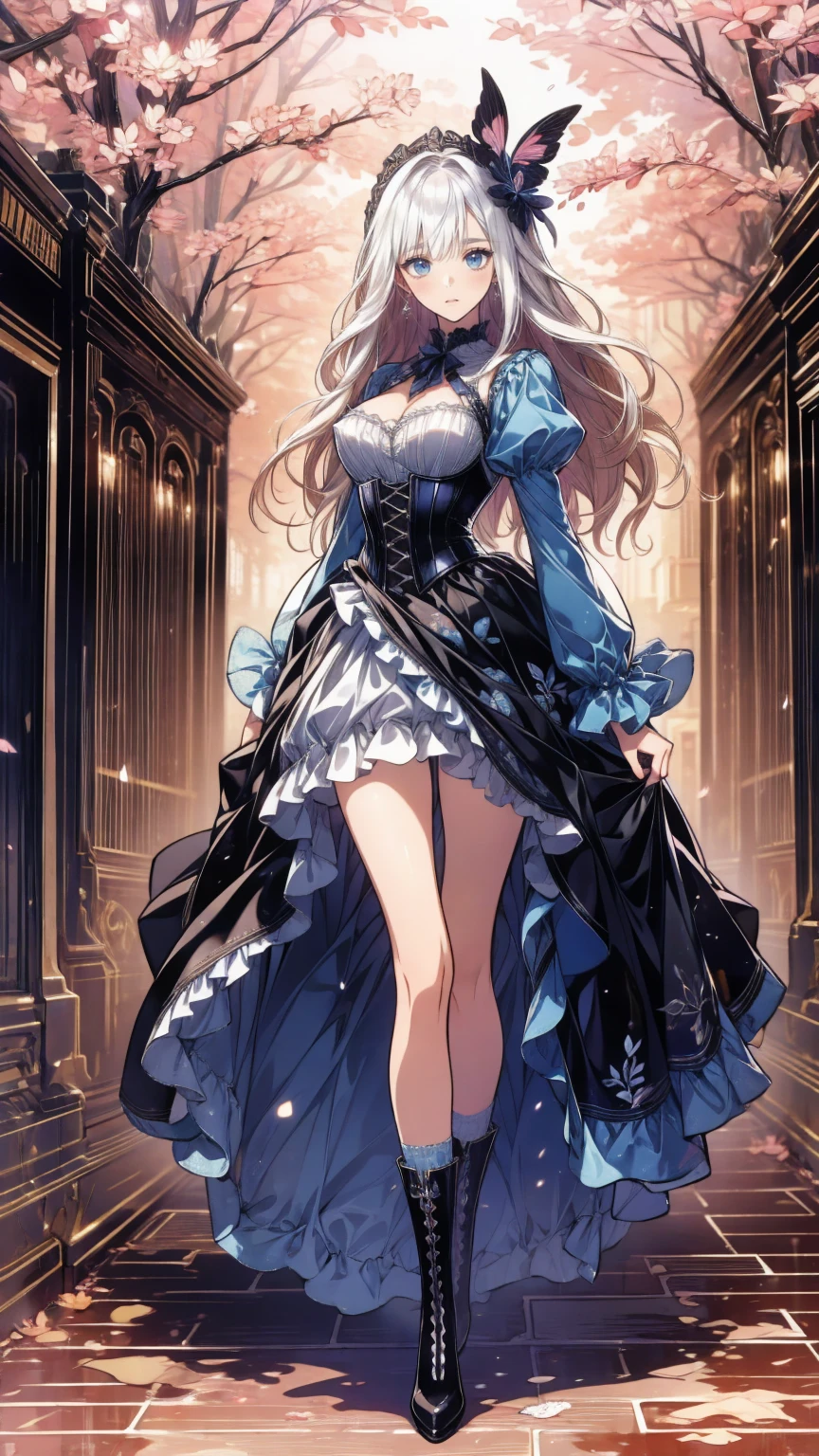 (((nsfw)))、 (((watercolor))), (((gothic))),  A young woman stands among elaborate decorations 、 captivating scene  , she was adorned with hair accessories、she is medium length,   wavy golden hair..。.。Super mini skirt with frills, sheの表情は自然だ,  Calm Expression . she wore a frilly-sleeved miniskirt and a tight corset....、she&#39;  wears a gorgeous off-the-shoulder white dress  。,   creates a whimsical and romantic atmosphere   . sheのポーズはリラックスしている,   rear view of posture、she is lifting her skirt with both hands。   white panties visible  。 camel toe 、 そしてsheは&#39;Turn slightly to the side,   rear view of posture、It gives me a sense of contemplation and introspection . The background is vivid, Blooming flowers and intricate designs, creates a dreamy romantic atmosphere . 背後から差し込む自然光がsheの周りに柔らかな輝きを放つ...., The delicate details of the costume、Enhance the vibrant colors of the landscape.    The overall effect is 、 is a fusion of elegance and fantasy   ...., Taking the audience into a dream world. 

  A woman standing in a courtyard wearing a dress and boots , (((watercolor))),    Anime with beautiful animated art   ,    Anime with beautiful animated art   work, Kschat Krentz Key Art Feminine,  Gway's  , Anime Art Nouveau, Detailed Key Anime Art, Anime full body illustration,  barrel  ,  Pixiv Digital Art,    Beautiful fantasy anime   