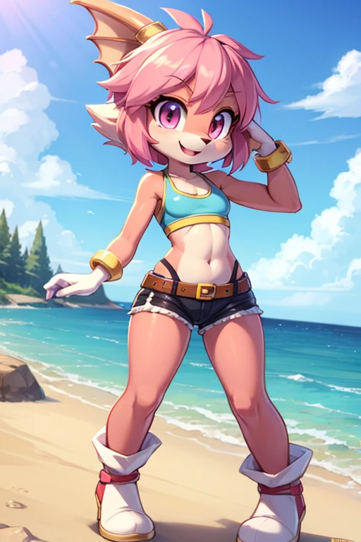 Bird girl, avian, anthro bird, yellow beak, lilac hair, short spiky hairstyle, short spiky ponytail, anime style, small breasts, purple eyes, big eyebrows, ((yellow headband with ribbon, black tank top, midriff, pink swim trunks)), high quality, detailed body, detailed eyes, detailed face, masterpiece, glistening body, detailed body fur, best quality, clear purple body fur, skinny, sassy face, back avian wings, avian, detailed hands, perfect lighting, perfect shadows, perfect eyes, perfect hair, perfect face, gorgeous body, solo, smilling, beach, clear sky, standing one leg up, feets with three toes, 3 toes,