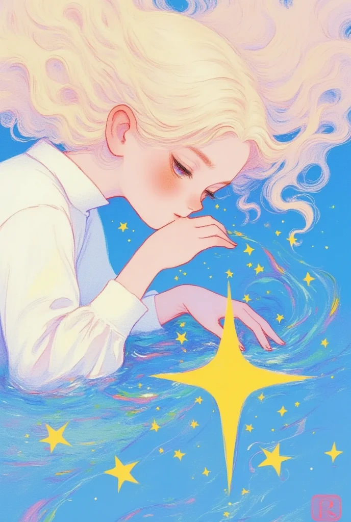  colored pencil drawing, sketch,    dream illustration soft cute anime illustration, Lowe style, Fantasy art style,  blurred and dreamy illustration。Beautiful angels throw stars into the sea