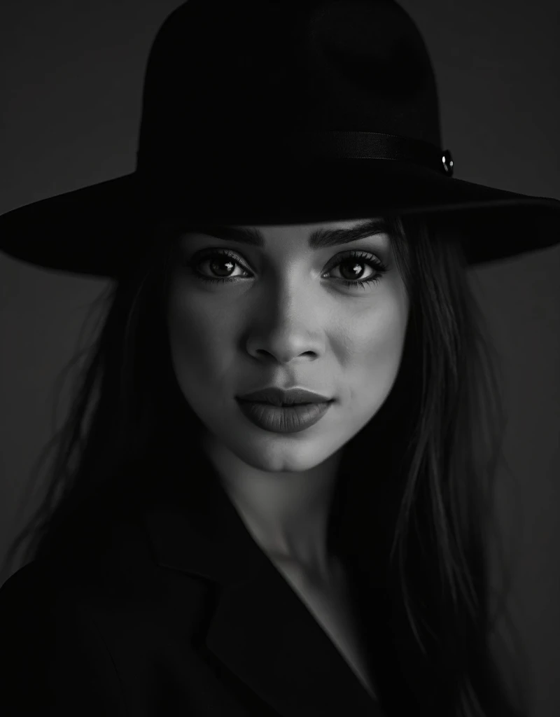   Alafida woman wearing a black hat and lips in a black and white photo,  Inspired by George Herrell , black vintage,  inspired by Lillian Bassman ,  inspired by Jerry Schatzberg , author：Clifford Ross,  Inspired by Jean-Jacques Henner , film noir style, author：george herrell , photography of：Alberto Watson, iluminação em film noir style, Film noir reality ，4K Ultra HD,  Ultra-high resolution , (Realistically: 1.4),  best quality ，tmasterpiece，
