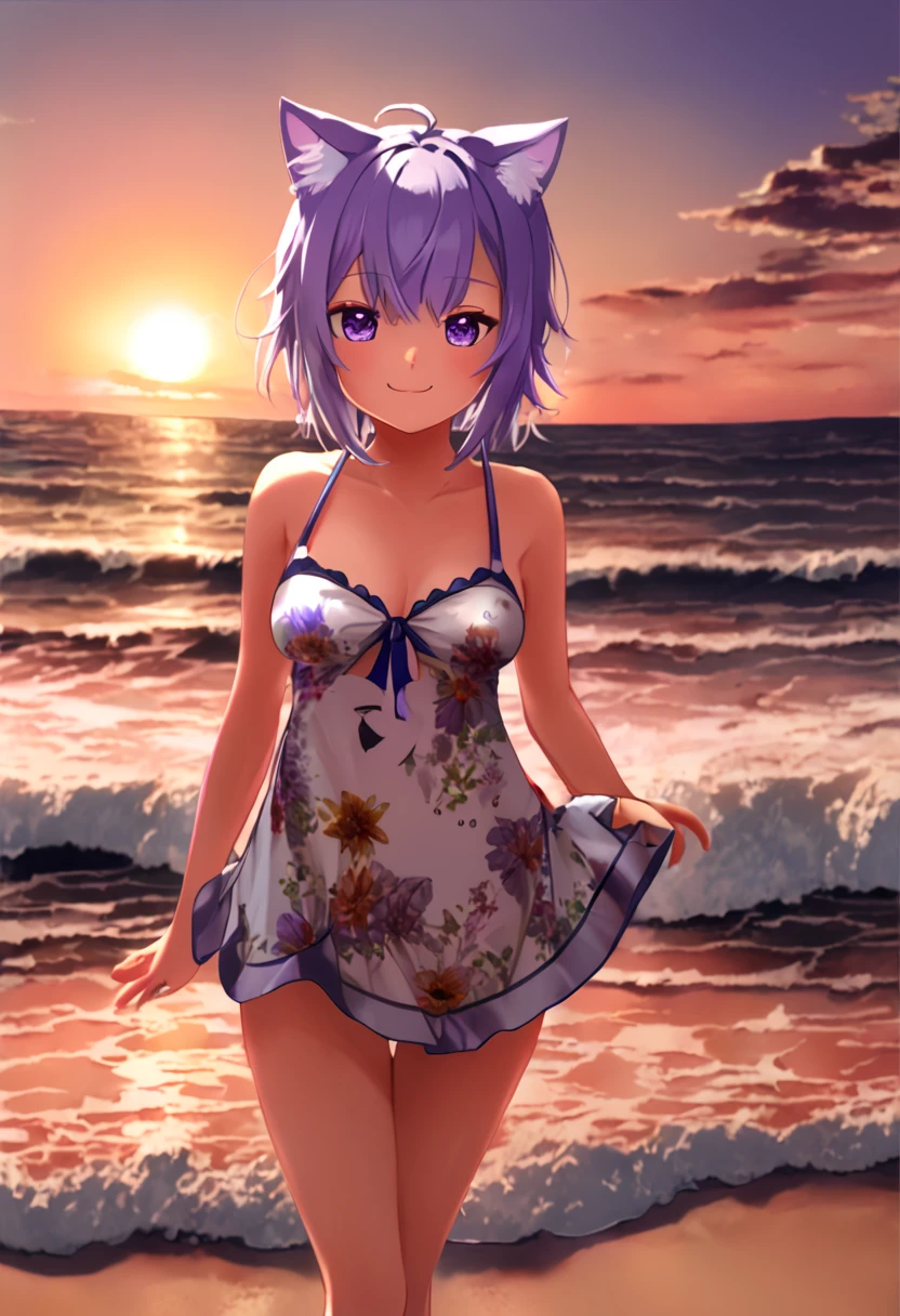 1 girl、hololive、Nekomata okayu、 animal ears 、solo、Purple Eyes、Purple Hair、Cat ears、ahoge、 animal ears の綿毛、chest、Hair between the eyes、Cat Girl、evening、beach、sunset、bikini、 swimsuit、 leotard (Floral)、 flip flops through the waves、左手で flip flops through the wavesを持っている、wind、右手でwindになびく髪を抑える、Smiling Kindly、null、sunset、Water&#39;s Edge、 standing